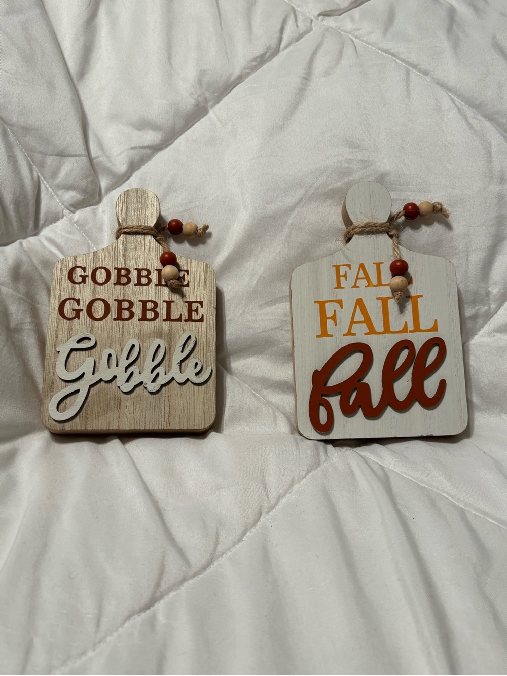 Autumn Wooden 'Gobble' & 'Fall' Hanging Signs - White, Brown, Orange